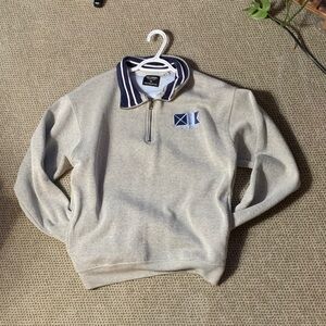 Men's Beige Zip-Up Sweater with Navy Collar